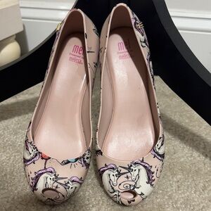 Mini Melissa Pink Unicorn Print Jelly Ballet Flats